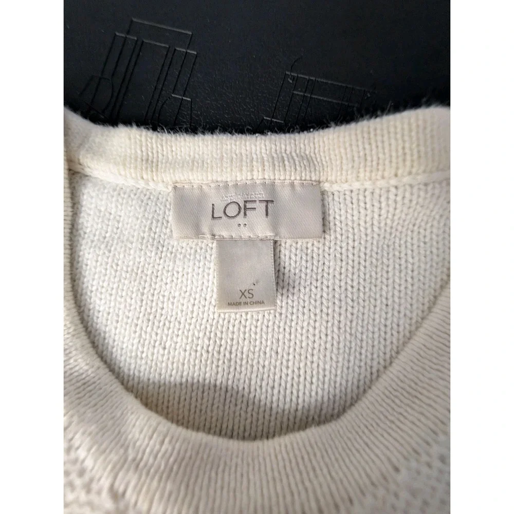 LOFT XS Nautical Stripe Sweater Cream Navy Cotton Button Shoulder Breton‎